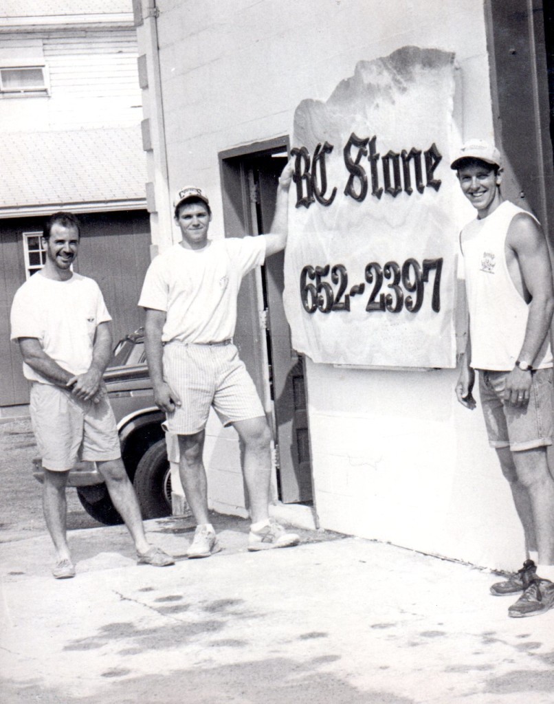 BC Stone founders Travis Collins, left, and Rodney Bair at their first facility in 1993. With them is Gary Laidig, right, who was the company’s first employee and is still a valued member of BC Stone.
