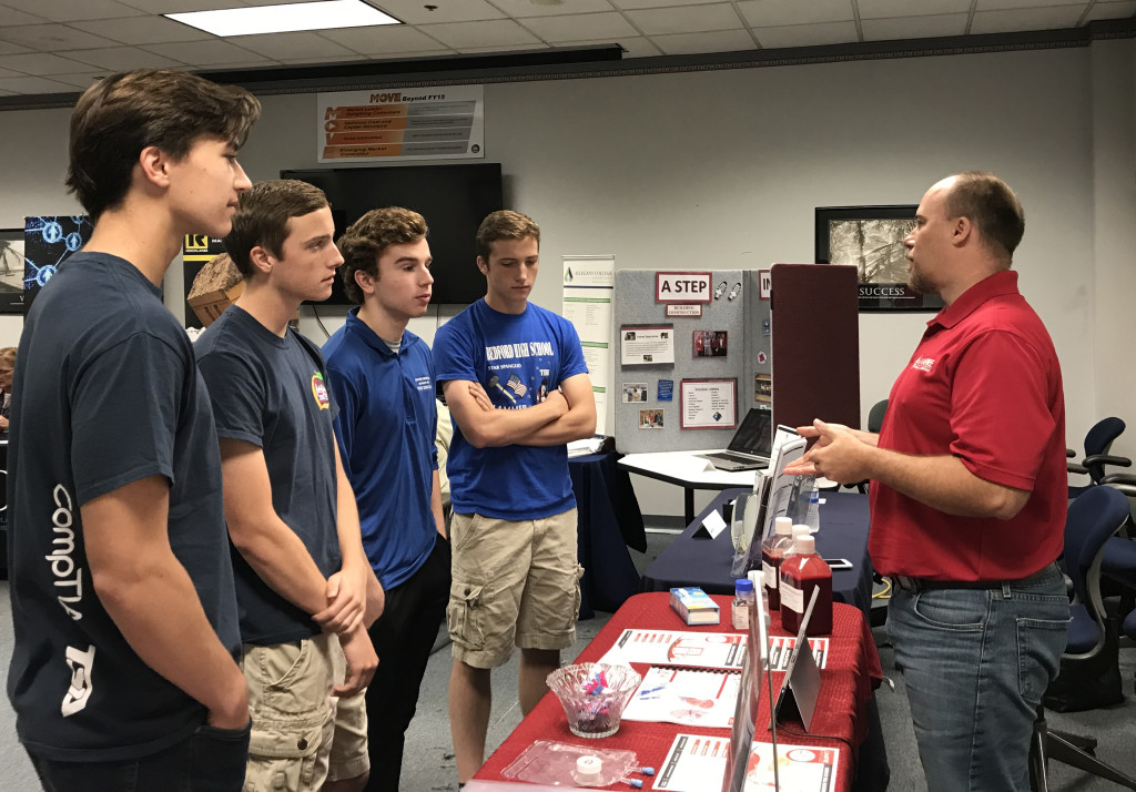 Gary Klinger, Lampire Biological Laboratories, speaks with with Bedford Area High School’s Technology Students Association students about potential career opportunities.
