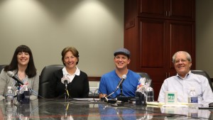(L-R) Sara Letzo of 10/09 Kitchen and Dalesmen Distillery and Brewery, Bette Slayton, President BCDA, Nate Haupt of Dalesmen Distillery and Brewery, and Lloyd Roach BC Broadcast Producer
